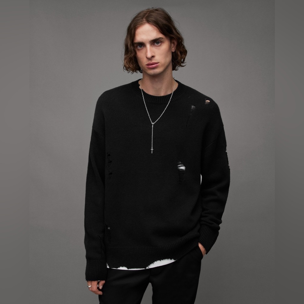 NEW AllSaints Vicious Sweater Black SMALL Wool Distressed Jumper